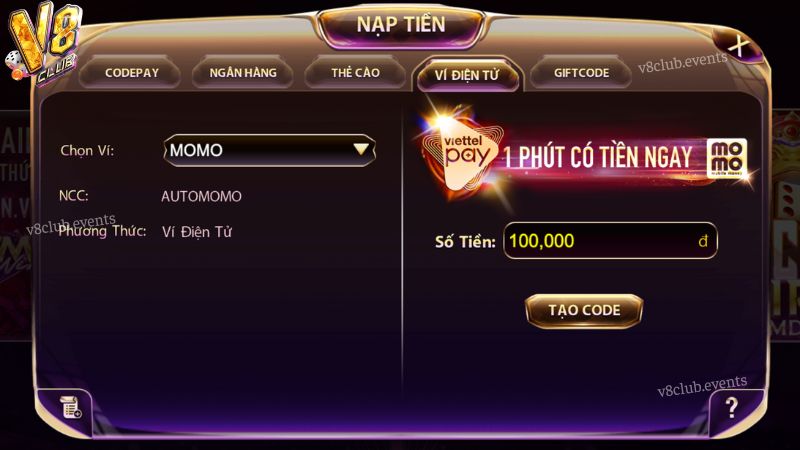 Nạp tiền V8 Club qua ví điện tử