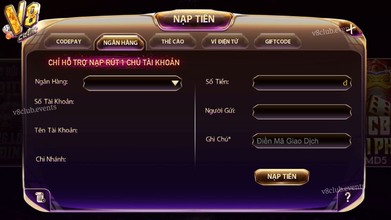 Nạp tiền V8Club qua chuyển khoản ngân hàng