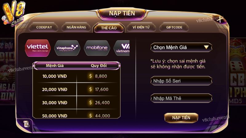 Nạp tiền V8club qua thẻ cào